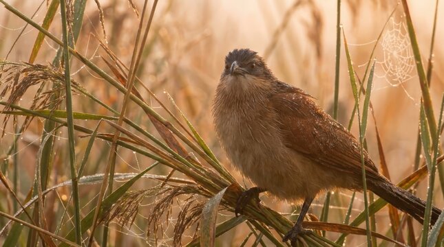 Burchells coucal perched amidst golden morning reeds with dew drops and delicate spider webs, a cinematic widescreen capture of avian wildlife beauty in its natural habitat at sunrise, page 457.