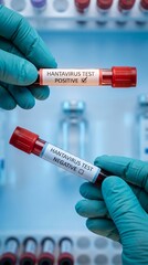 Naklejka premium Urgent biohazard labeled Hantavirus specimen with virus particle visualization for disease research and diagnostic confirmation analysis