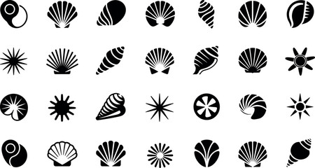 Sea Shell Black Glyph Vector Icon Set with Marine Scallop, Conch, and Starfish Symbols for Ocean Beach and Summer UI Graphic Designs © Lutfar