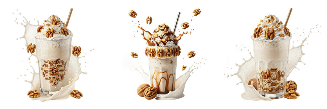 Walnut seed nut fluid liquid showing high velocity freeze motion splash droplets, showcasing organic plant fluid parameters, distinct cellular taxonomy traits, botanical properties within drink file.