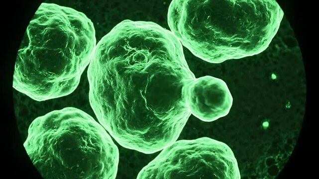 Microscopic View of Glowing Green Bacteria Cells Undergoing Division.