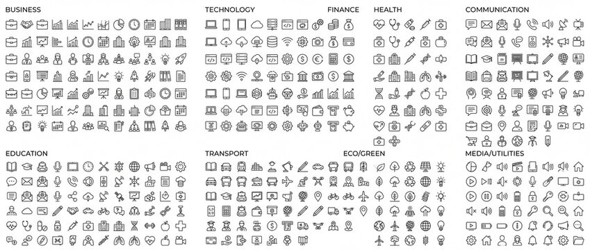Comprehensive set of universal line icons featuring business technology finance and health categories ideal for modern web and mobile UIUX design