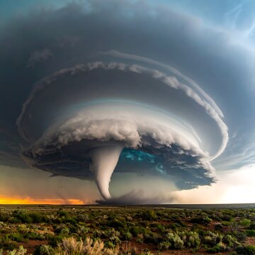Tornado cloud formation in natural landscape.