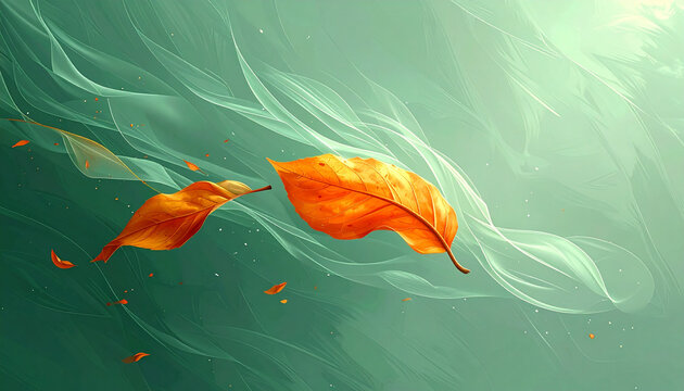 Autumn leaves falling floating in air with green background