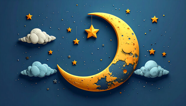 Golden crescent moon with stars and clouds at night