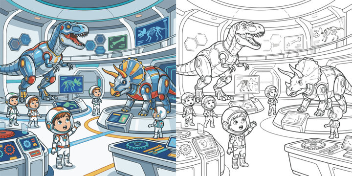 giant dinosaur science zone children visiting sciencecity cartoon clipart and lineart print vector illustration for color coloring book