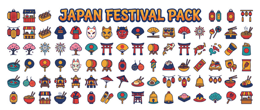 Vibrant Japanese festival icons and symbols.