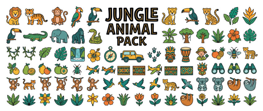 Colorful jungle animal icons and symbols.