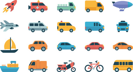 Flat Transportation Vector Icon Set with Cars, Trucks, Airplane, Rocket, and Boats for Travel Logistics and Educational Toy App UI Graphic Designs © Lutfar