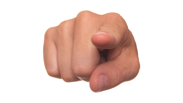 Hand pointing index finger directly at camera isolated on transparent background