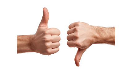 Thumbs up and thumbs down hands showing like and dislike isolated on transparent background © Dilshad