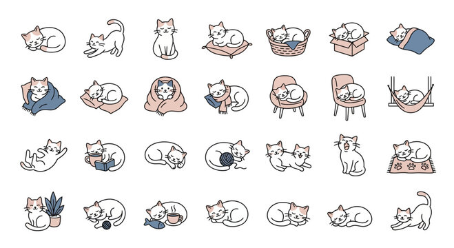 A delightful assortment of line art cat illustrations, capturing the whimsical and cozy life of pet kittens in various endearing scenarios and activities