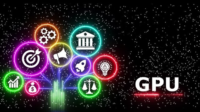 Gpu graphics processing unit visual with business icons on black background with animation.