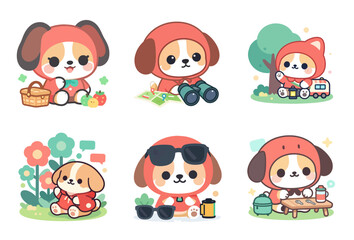 Obraz premium Adorable chibi dog camping trip flat vector illustration Cute pet exploring RV adventure with picnic basket and binoculars, featuring oversized head style