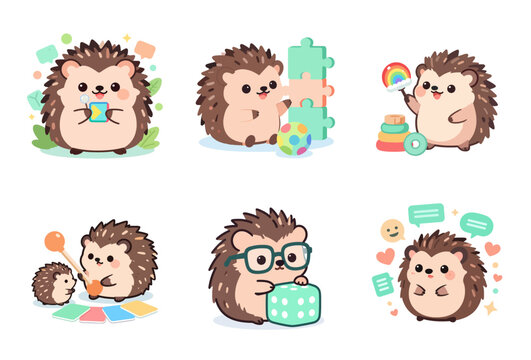 Kawaii chibi hedgehog with developmental disability learning Joyful educational moments with blocks, puzzles, and a rhythm stick for special needs therapy