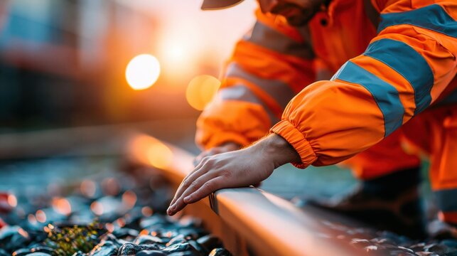 Railway Worker Inspecting Tracks: A focused railway worker in a high-visibility orange jacket meticulously inspects the train tracks at dawn.