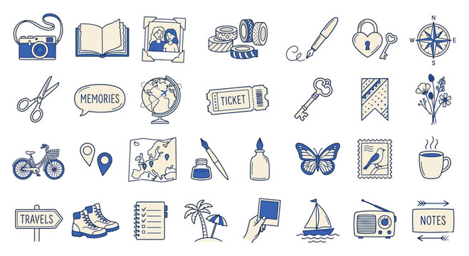 Hand-drawn collection of travel, memory, and adventure icons, capturing the essence of nostalgic journeys and personal explorations in a charming doodle style