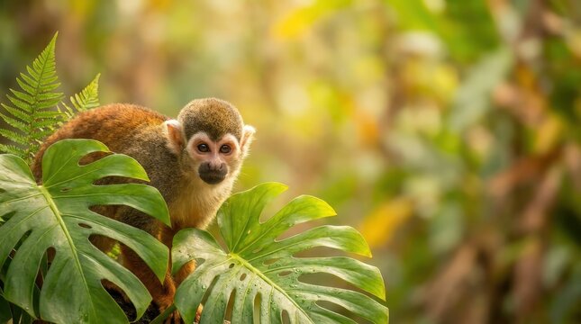 An inquisitive squirrel monkey peeks through vibrant tropical foliage in a lush forest habitat, capturing a cinematic widescreen moment of wildlife beauty and natural curiosity in the wild jungle.