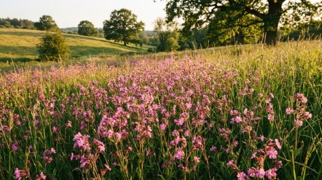 A serene panoramic view of vibrant pink Silene dioica or red campion flowers blooming in a lush countryside meadow, set against a golden hour landscape with ancient trees and soft rolling hills.
