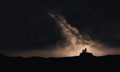 Fototapeta premium a man sitting alone under milky way