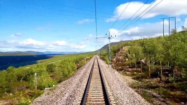 Scenic train track journey pov view with beautiful landscape, green mountains, electric power poles and blue sky on sunny day background