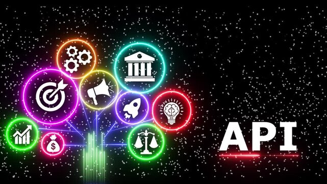 Application programming interface concept animated, showing data flow and icons.