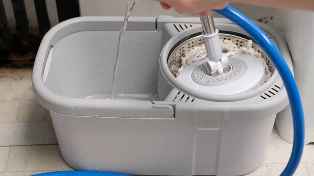 Wet mop spinning inside bucket for floor cleaning preparation, home sanitation background idea