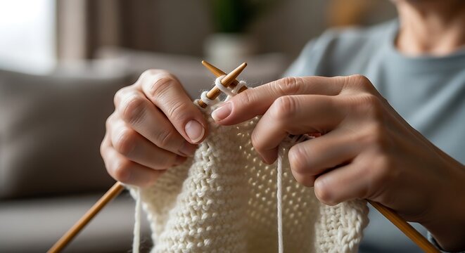 Close up view of hands knitting with yarn and wooden needles