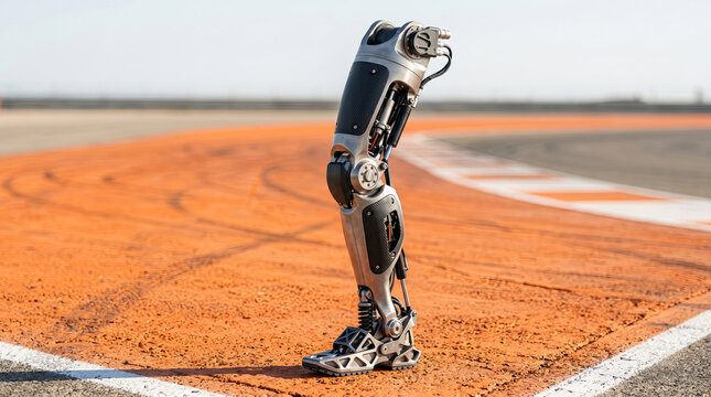 Advanced Bionic Prosthetic Leg Standing on Orange Racetrack Surface Symbolizing Hope and Human Mobility