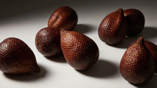 Fresh salak fruit showing unique reddish brown scaly texture arranged in a cinematic wide composition, capturing the exotic organic details of snake fruit on a simple studio surface setting.
