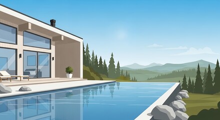 Obraz premium Modern Luxury Minimalist Villa with Infinity Pool and Scenic Mountain Forest View Illustration