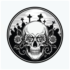 Fototapeta premium Black and white skull with roses.