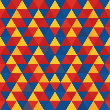 A vibrant pattern of red, blue, and yellow equilateral triangles creates a playful graphic design for various uses.