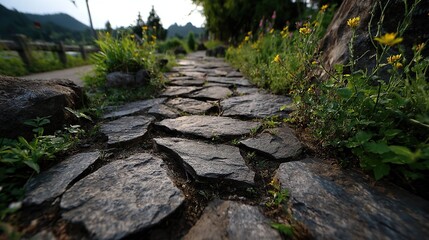 Naklejka premium Grey Bluestone Country Path, Quiet Rural Stone Trail Widescreen Landscape