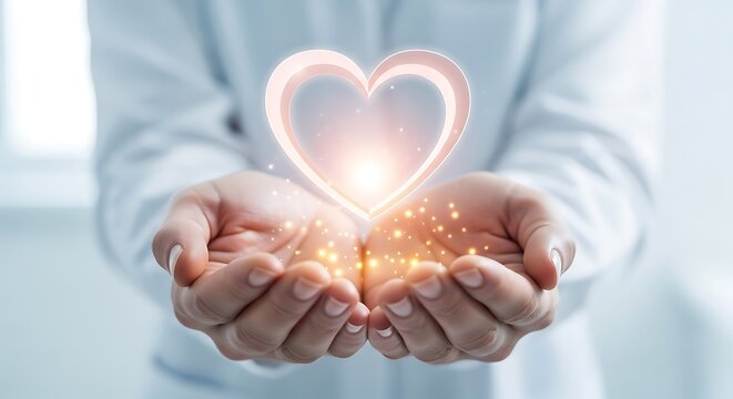 Doctor holding a glowing heart symbol in hands isolated on white background