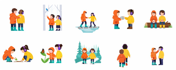Fototapeta premium Neurodivergent Children Exploring Nature and Playing Together Illustration Set