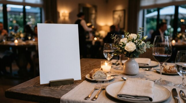 Blank White Menu Holder Mockup On Restaurant Table Setup Luxury Hospitality Aesthetic Soft Ambient Lighting
