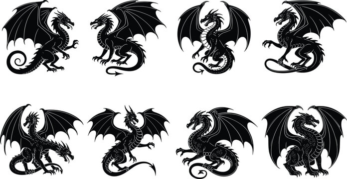 Dragon Silhouette Vector Collection with Winged Fantasy Creatures, Mythical Monsters, and Medieval Gothic Design Elements