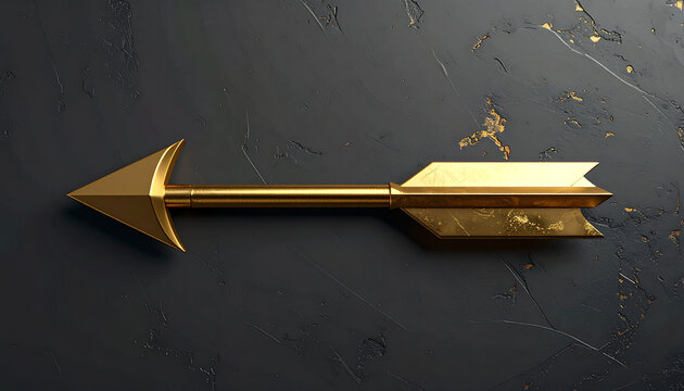 Golden arrow with sharp tip and fletching on dark surface