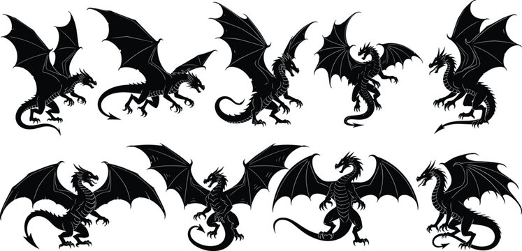 Flying Dragon Silhouette Vector Collection with Mythical Fantasy Creatures, Winged Monsters, and Medieval Dark Art Design Elements