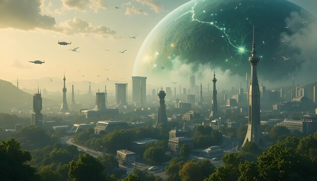 &ldquo;Planet Earth in the year 2100 with advanced green cities, flying vehicles, renewable energy towers, peaceful futuristic civilization, epic cinematic view&rdquo;
