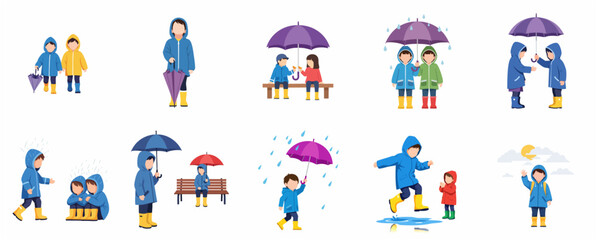Fototapeta premium Vector Illustration Set of Kids in Raincoats and Boots Playing in the Rain with Umbrellas and Puddles