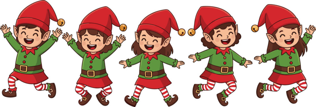 Cute Christmas Elf Kids Vector Illustration Collection with Happy Holiday Characters, Festive Costumes, and Cartoon Winter Celebration Design