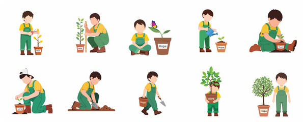 Fototapeta premium Little Boy Gardener Character Set Planting and Nurturing Hope Concept Vector Illustration