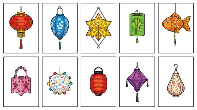Collection of colorful traditional lanterns for celebration and festival