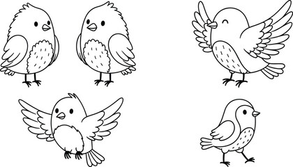 Naklejka premium Cute Cartoon Bird Line Art Vector Collection with Baby Chicks, Flying Songbirds, and Simple Hand Drawn Nature Characters