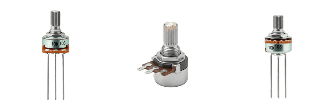 Variable resistor potentiometer electronic hardware component specimen showcasing solid state physical morphology traits, microelectronics electrical network topology parameters, architectural circuit
