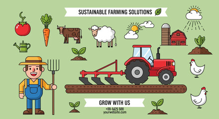 Sustainable Farming Solutions: Farmer, Tractor, Livestock, Crops, and Barn Icons © adi