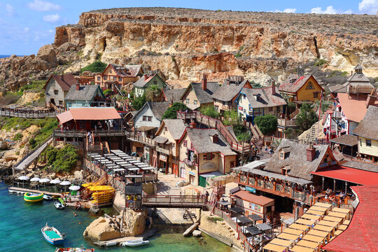 PRAJET BAY ANCHOR BAY MALTA: Popeye or Sweethaven Village, is a purpose-built film set village that has been converted into a small attraction fun park of a collection of rustic wood houses
