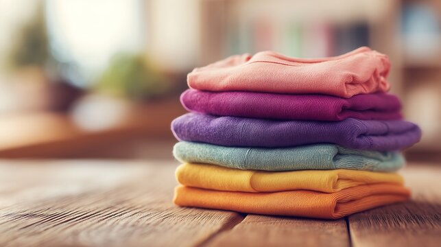 Colorful children's clothing set neatly folded on wooden table with warm natural lighting, cozy lifestyle atmosphere for kids fashion themes